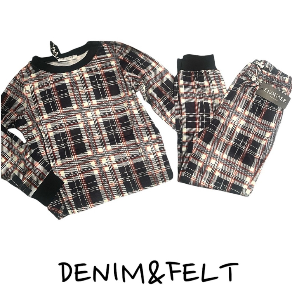 NEW Ekouaer‎ Kids Plaid Pajama Set Matching Family Sleepwear Black Red Size 120